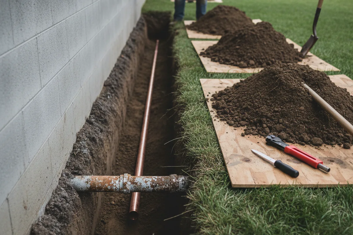 Excavated water line trench during Sewer Line Repair in Thida